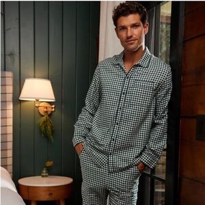 LAKE Men’s Flannel Piped Pants Set Pajamas Conifer Gingham Size M